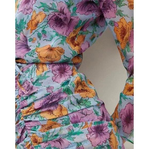 Veronica Beard Silk Floral Ruched Sean Dress Lake Blue Multi Bell Sleeve Flounce - Picture 6 of 10